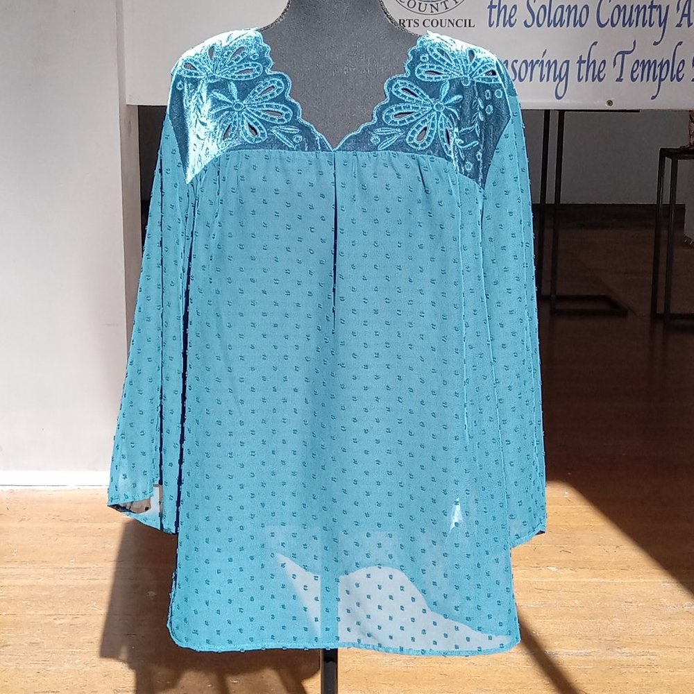 Blue sheer laser velour cut embellished top
